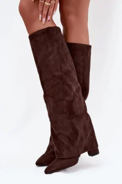 Ocieplane Kozaki Damskie Z Wywiniętą Cholewką Na Słupku Eko Zamszowe Czekoladowe Elivira