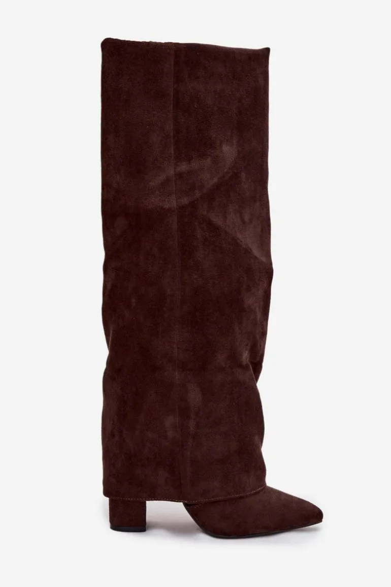 Ocieplane Kozaki Damskie Z Wywiniętą Cholewką Na Słupku Eko Zamszowe Czekoladowe Elivira