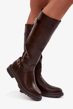 Ocieplane Kozaki Damskie Na Płaskim Obcasie Z Klamrami Czekoladowe Sarelle