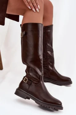 Ocieplane Kozaki Damskie Na Płaskim Obcasie Z Klamrami Czekoladowe Sarelle