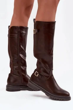 Ocieplane Kozaki Damskie Na Płaskim Obcasie Z Klamrami Czekoladowe Sarelle