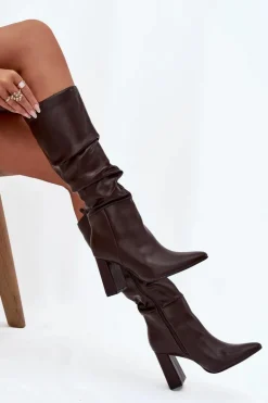 Ocieplane Kozaki Damskie Na Słupku Z Marszczeniem Czekoladowe Dariane