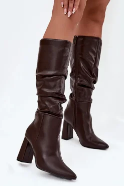 Ocieplane Kozaki Damskie Na Słupku Z Marszczeniem Czekoladowe Dariane