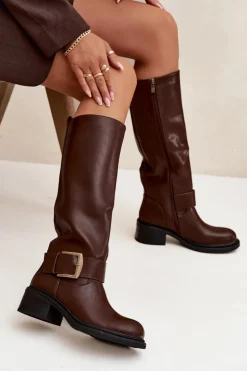 Ocieplane Kozaki Damskie Na Klocku Z Klamrą Czekoladowe Raphaela