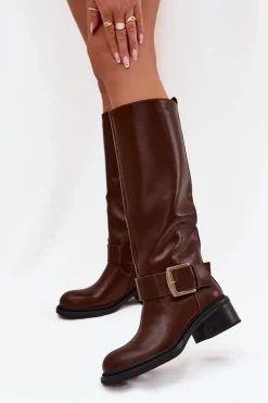 Ocieplane Kozaki Damskie Na Klocku Z Klamrą Czekoladowe Raphaela