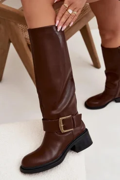 Ocieplane Kozaki Damskie Na Klocku Z Klamrą Czekoladowe Raphaela