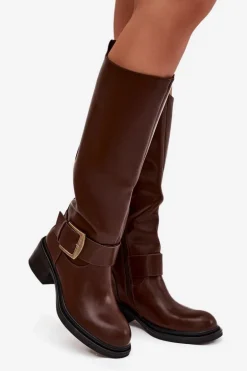 Ocieplane Kozaki Damskie Na Klocku Z Klamrą Czekoladowe Raphaela