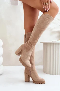 Ocieplane Kozaki Damskie Na Słupku Eko Zamszowe Beżowe Tirisha