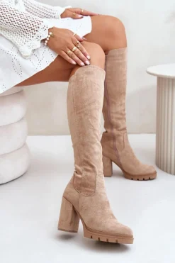 Ocieplane Kozaki Damskie Na Słupku Eko Zamszowe Beżowe Tirisha