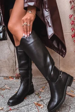 Ocieplane Kozaki Damskie Na Płaskim Obcasie Z Ozdobnym Detalem Czarne Renaya