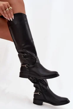 Ocieplane Kozaki Damskie Na Płaskim Obcasie Z Ozdobnym Detalem Czarne Renaya