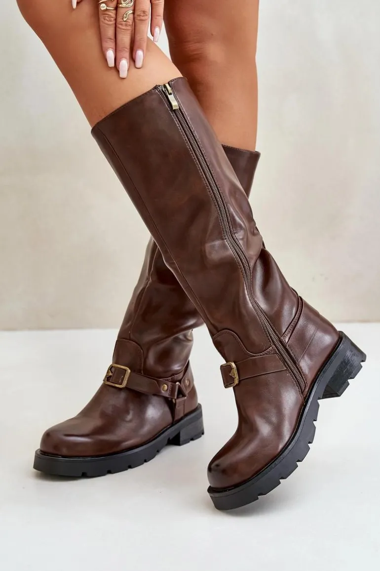 Ocieplane Kozaki Damskie Na Zamek Eko Skórzane Brązowe Tialethe