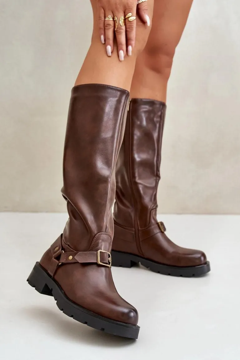 Ocieplane Kozaki Damskie Na Zamek Eko Skórzane Brązowe Tialethe