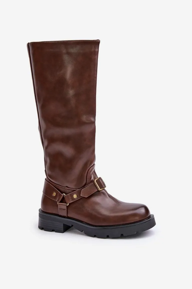 Ocieplane Kozaki Damskie Na Zamek Eko Skórzane Brązowe Tialethe