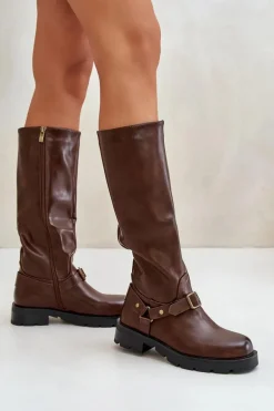 Ocieplane Kozaki Damskie Na Zamek Eko Skórzane Brązowe Tialethe