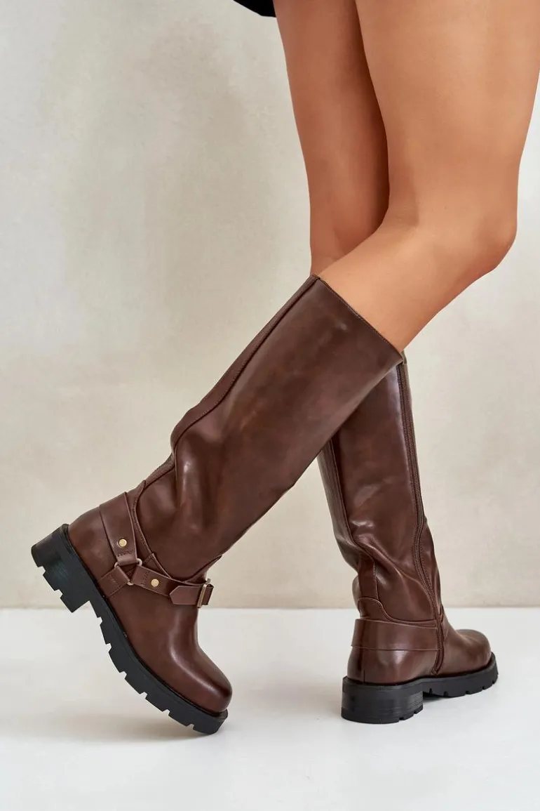 Ocieplane Kozaki Damskie Na Zamek Eko Skórzane Brązowe Tialethe