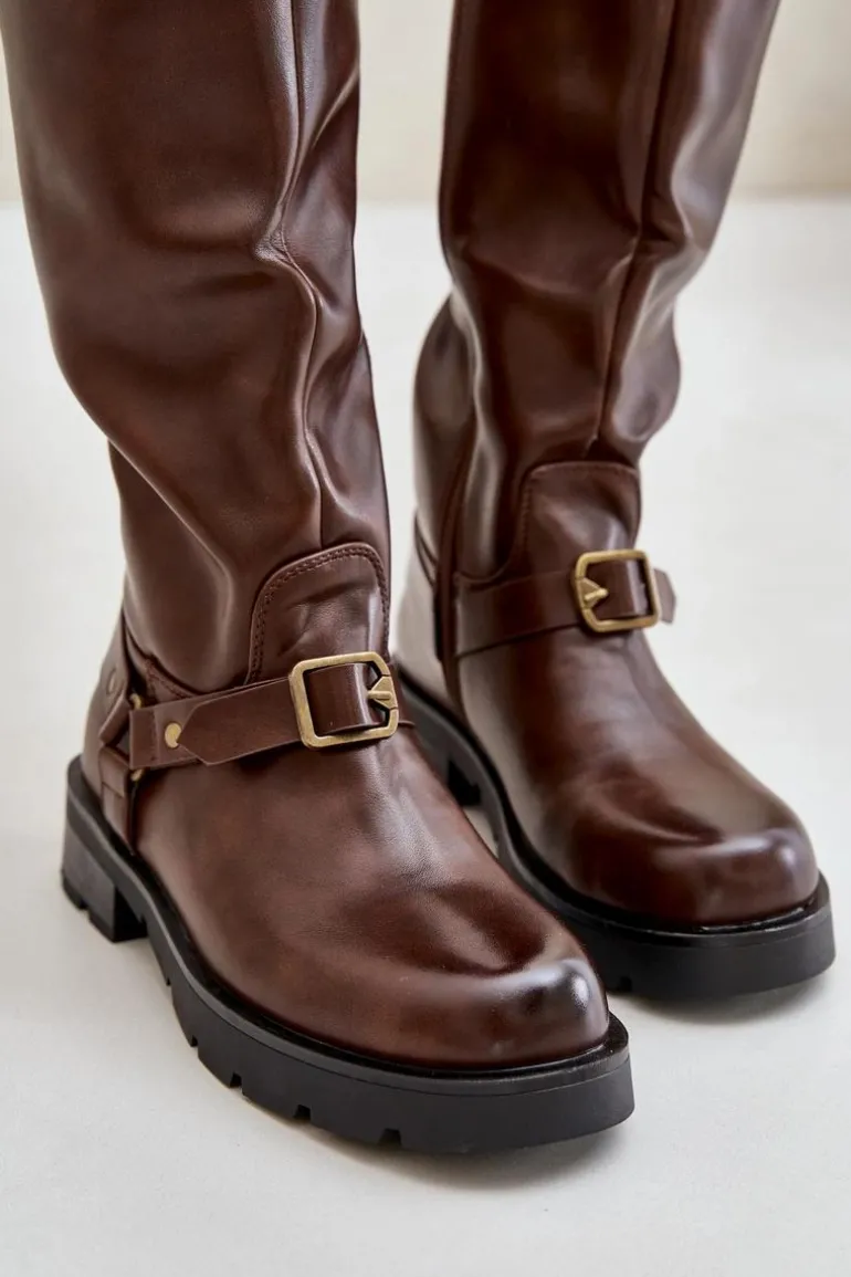 Ocieplane Kozaki Damskie Na Zamek Eko Skórzane Brązowe Tialethe