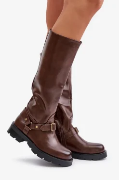 Ocieplane Kozaki Damskie Na Zamek Eko Skórzane Brązowe Tialethe