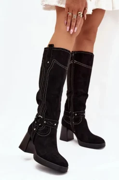 Ocieplane Kozaki Damskie Na Słupku Z Przeszyciami Czarne Alessara