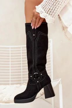 Ocieplane Kozaki Damskie Na Słupku Z Przeszyciami Czarne Alessara