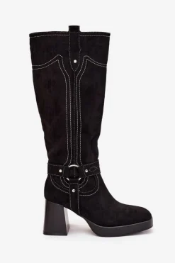 Ocieplane Kozaki Damskie Na Słupku Z Przeszyciami Czarne Alessara