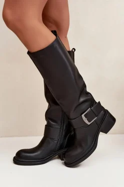 Ocieplane Kozaki Damskie Na Klocku Z Klamrą Czarne Raphaela