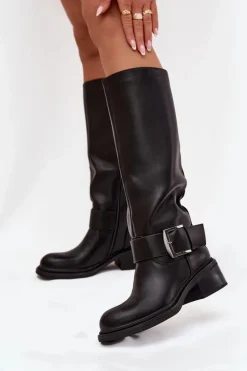 Ocieplane Kozaki Damskie Na Klocku Z Klamrą Czarne Raphaela