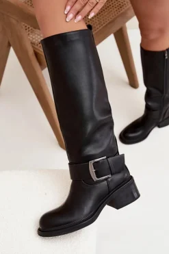 Ocieplane Kozaki Damskie Na Klocku Z Klamrą Czarne Raphaela