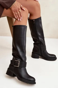 Ocieplane Kozaki Damskie Na Klocku Z Klamrą Czarne Raphaela