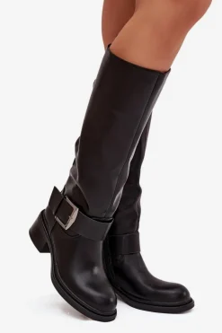 Ocieplane Kozaki Damskie Na Klocku Z Klamrą Czarne Raphaela