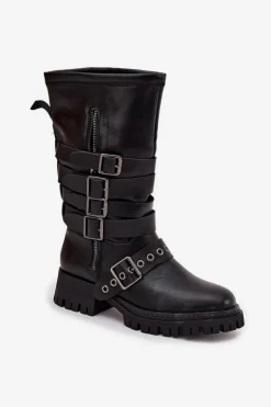 Ocieplane Kozaki Damskie Z Paskami I Klamrami Czarne Ivaline