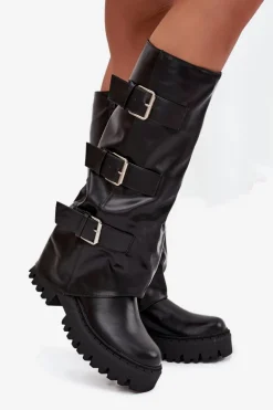 Ocieplane Kozaki Damskie Ze Srebrnymi Klamrami Czarne Isavine