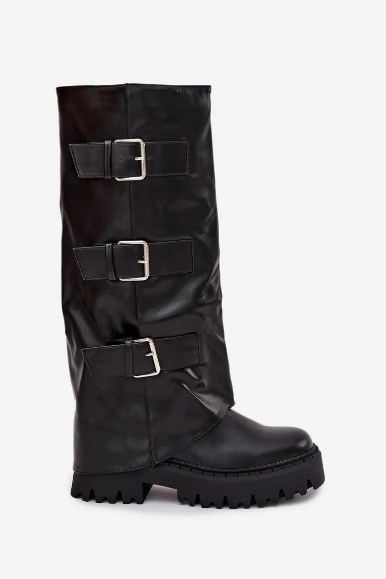 Ocieplane Kozaki Damskie Ze Srebrnymi Klamrami Czarne Isavine