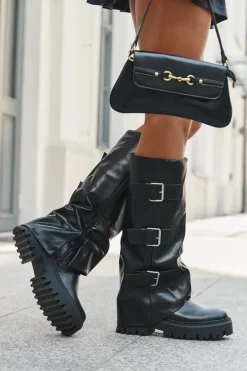 Ocieplane Kozaki Damskie Ze Srebrnymi Klamrami Czarne Isavine