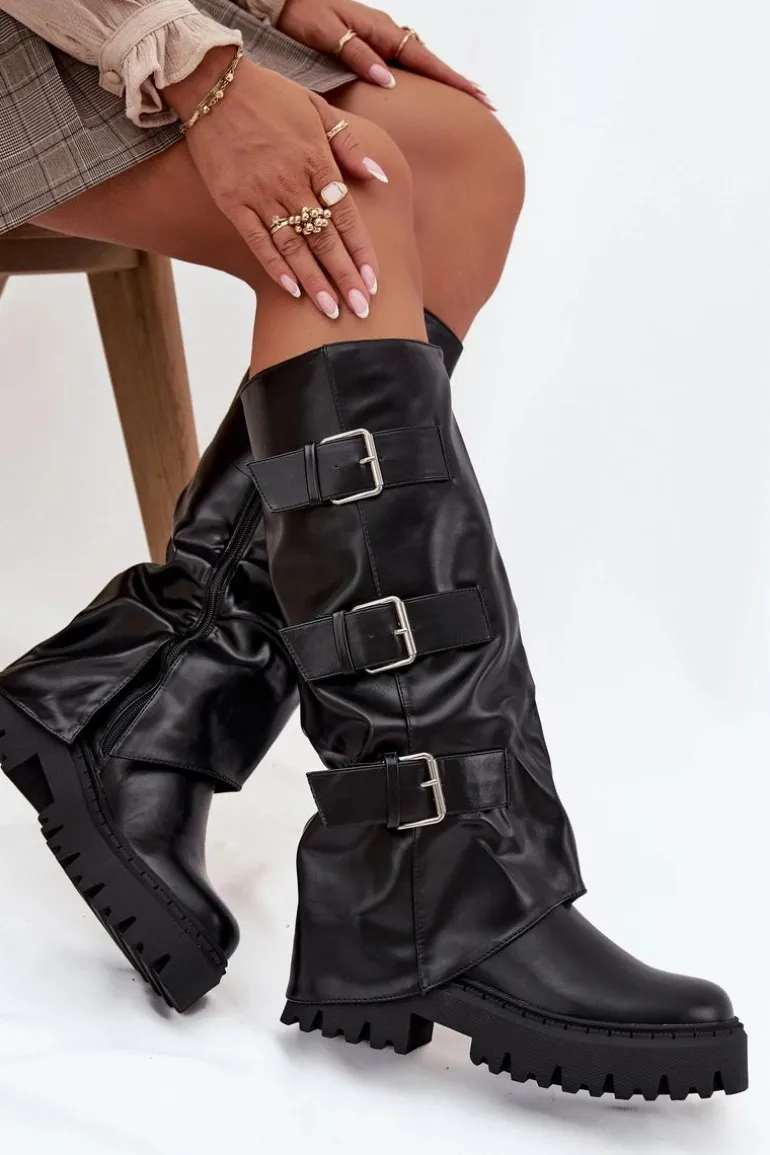 Ocieplane Kozaki Damskie Ze Srebrnymi Klamrami Czarne Isavine