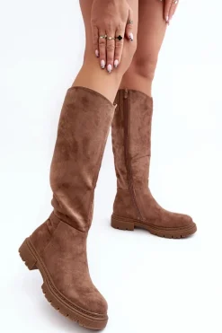 Ocieplane Kozaki Damskie Przed Kolano Brązowe Heliofa
