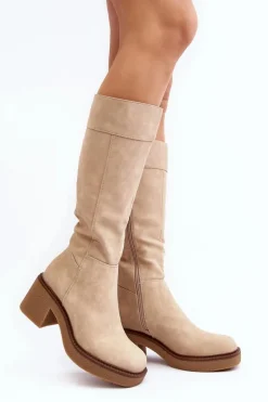 Ocieplane Kozaki Damskie Na Masywnym Obcasie Beżowe Calvisa