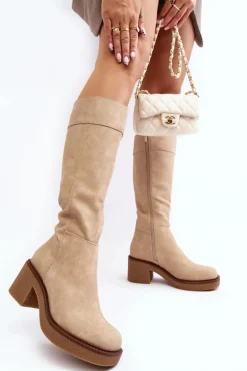 Ocieplane Kozaki Damskie Na Masywnym Obcasie Beżowe Calvisa