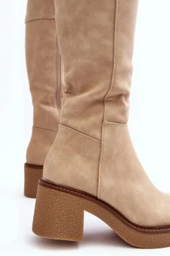 Ocieplane Kozaki Damskie Na Masywnym Obcasie Beżowe Calvisa