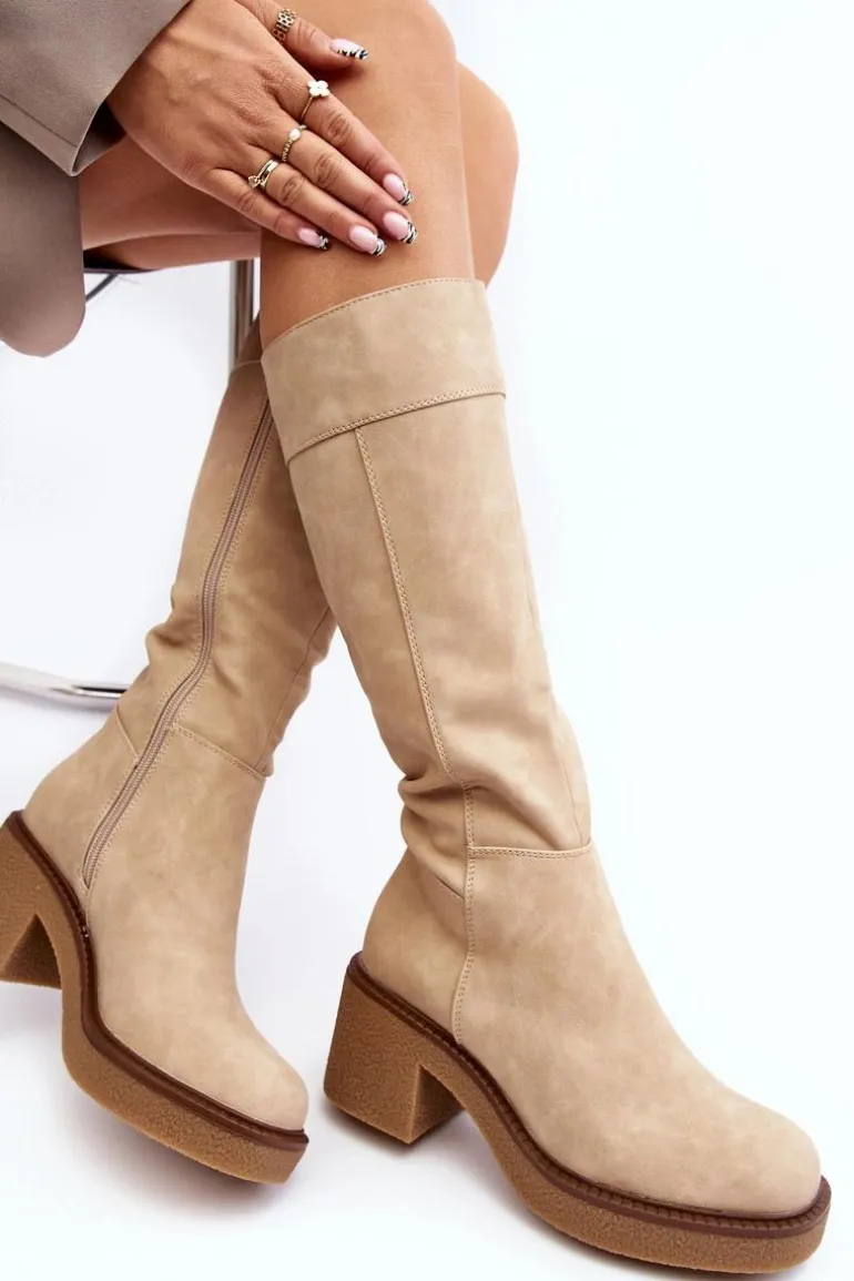 Ocieplane Kozaki Damskie Na Masywnym Obcasie Beżowe Calvisa