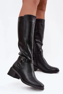 Ocieplane Kozaki Damskie Na Klocku Z Paskiem Sergio Leone KZ25826 Czarne