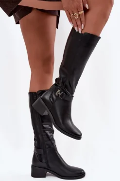 Ocieplane Kozaki Damskie Na Klocku Z Paskiem Sergio Leone KZ25826 Czarne