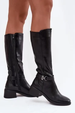 Ocieplane Kozaki Damskie Na Klocku Z Paskiem Sergio Leone KZ25826 Czarne