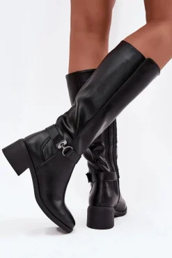 Ocieplane Kozaki Damskie Na Klocku Z Paskiem Sergio Leone KZ25826 Czarne