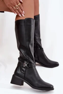 Ocieplane Kozaki Damskie Na Klocku Z Paskiem Sergio Leone KZ25826 Czarne