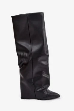 Ocieplane Kozaki Damskie Z Wywiniętą Cholewką Na Słupku Czarne Elivira