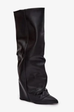 Ocieplane Kozaki Damskie Z Wywiniętą Cholewką Na Słupku Czarne Elivira