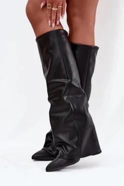 Ocieplane Kozaki Damskie Z Wywiniętą Cholewką Na Słupku Czarne Elivira