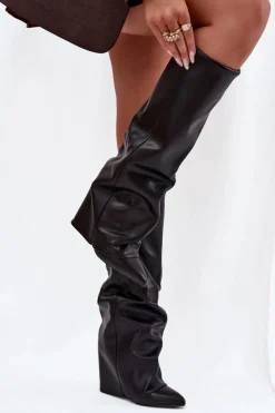 Ocieplane Kozaki Damskie Z Wywiniętą Cholewką Na Słupku Czarne Elivira