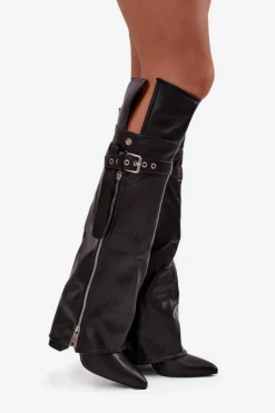 Ocieplane Kozaki Damskie Za Kolano Na Słupku Z Paskiem Klamrą I Srebrnym Zamkiem Czarne Reisa